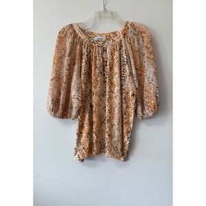Calvin Klein Snakeskin Print  Top Women's Large L Orange Puff Sleeve Blouse Boho